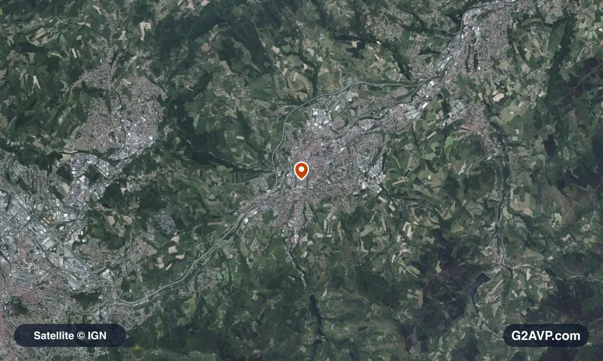 Vue satellite (orthophoto IGN) du secteur de Saint-Chamond, même emprise que la carte géologique