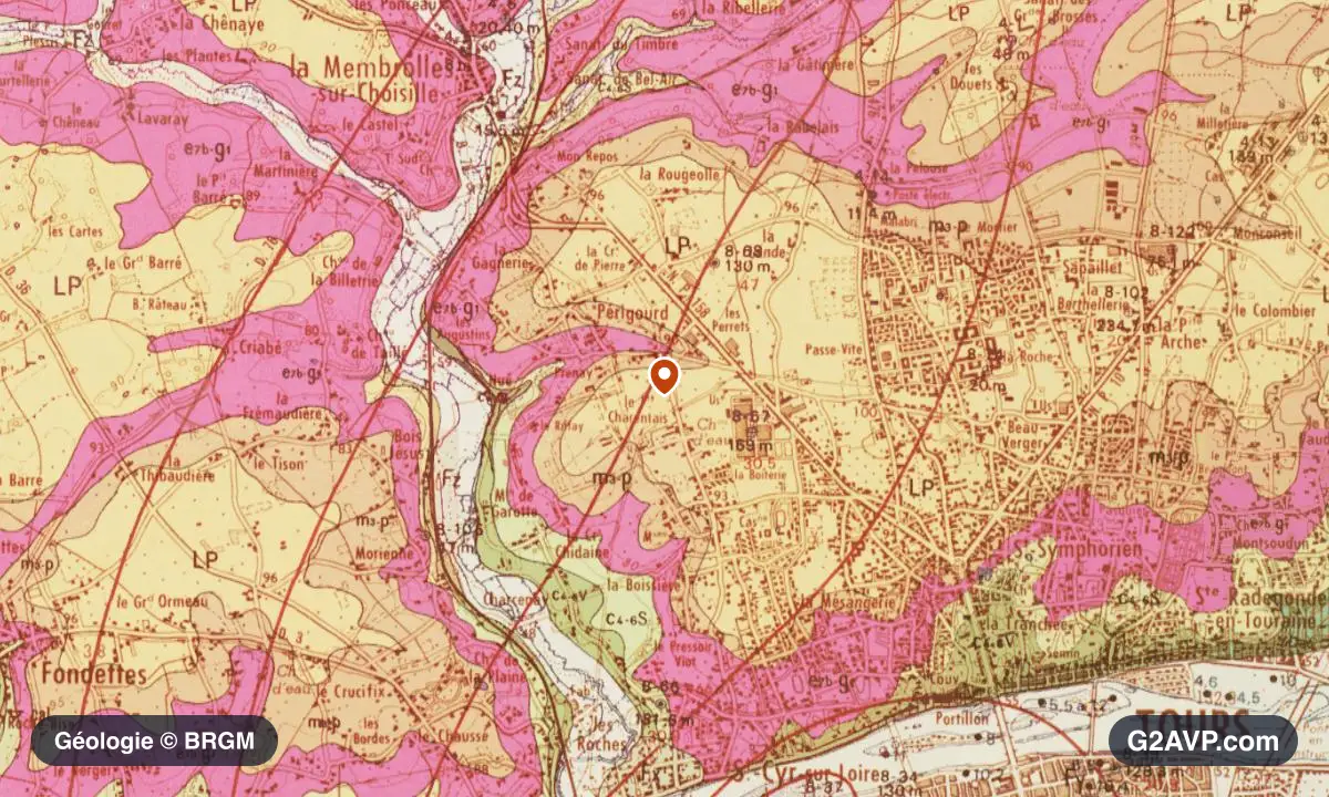 Carte géologique BRGM au 1/50 000 du secteur de Saint-Cyr-sur-Loire : argiles en formations dominantes, repère au centre de la commune