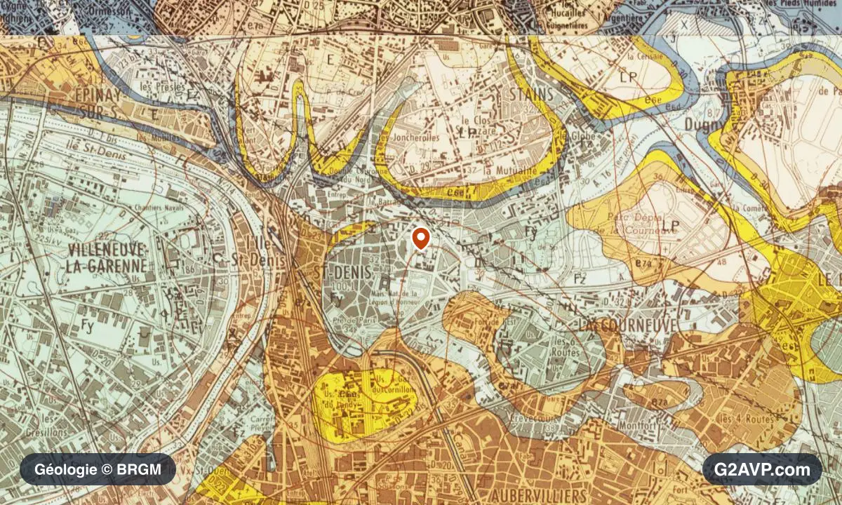 Carte géologique BRGM au 1/50 000 du secteur de Saint-Denis : calcaires, marnes et gypse en formations dominantes, repère au centre de la commune
