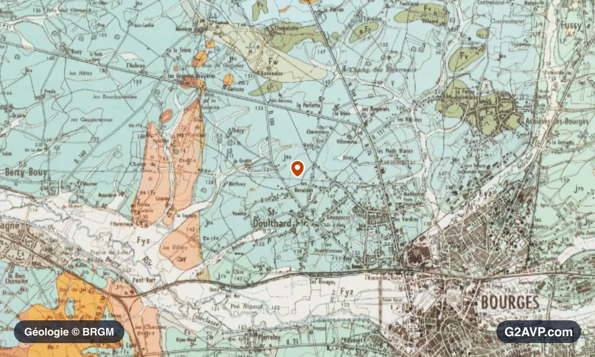 Carte géologique BRGM au 1/50 000 du secteur de Saint-Doulchard : calcaires, marnes et gypse en formations dominantes, repère au centre de la commune