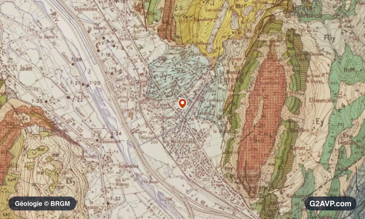 Carte géologique BRGM au 1/50 000 du secteur de Saint-Égrève : grès en formations dominantes, repère au centre de la commune