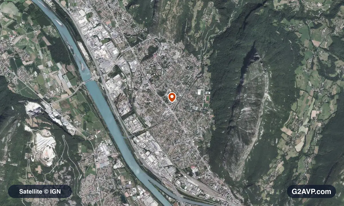 Vue satellite (orthophoto IGN) du secteur de Saint-Égrève, même emprise que la carte géologique