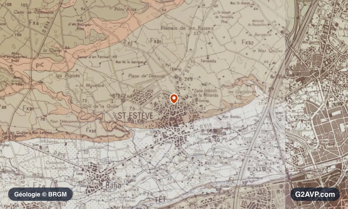 Carte géologique BRGM au 1/50 000 du secteur de Saint-Estève : sables en formations dominantes, repère au centre de la commune