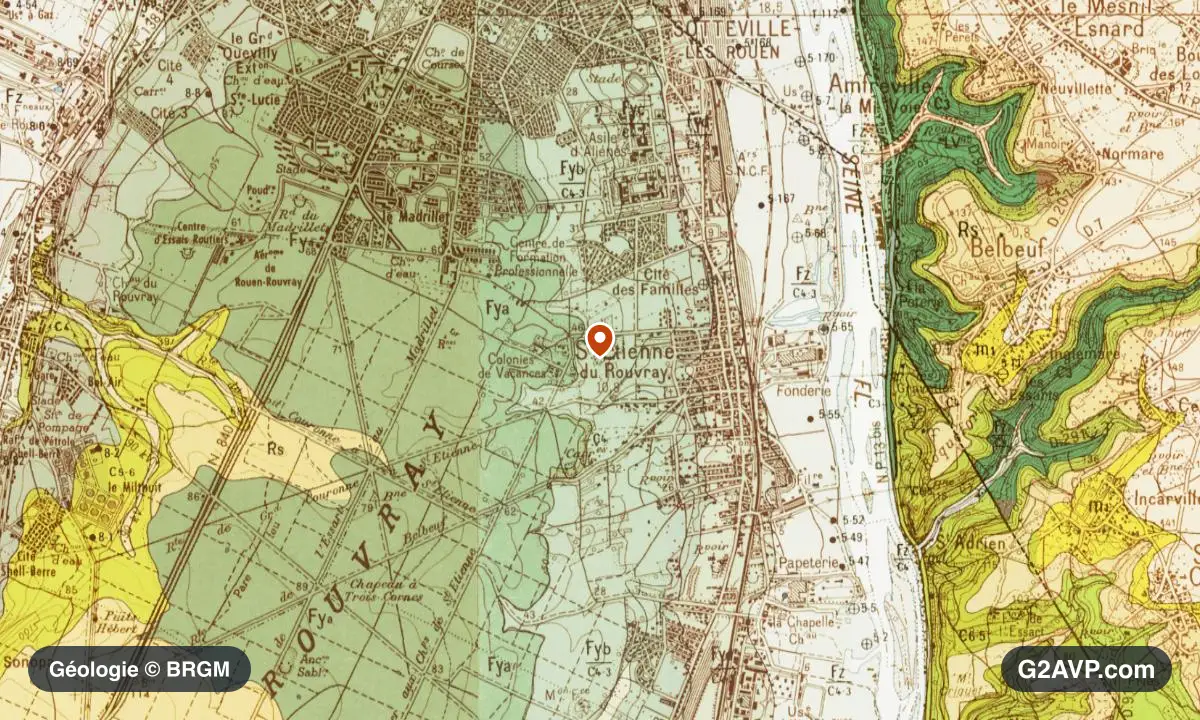 Carte géologique BRGM au 1/50 000 du secteur de Saint-Étienne-du-Rouvray : argiles en formations dominantes, repère au centre de la commune