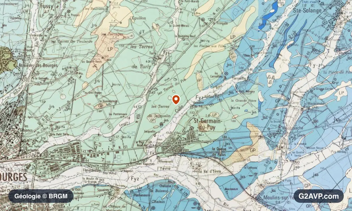 Carte géologique BRGM au 1/50 000 du secteur de Saint-Germain-du-Puy : calcaires, marnes et gypse en formations dominantes, repère au centre de la commune