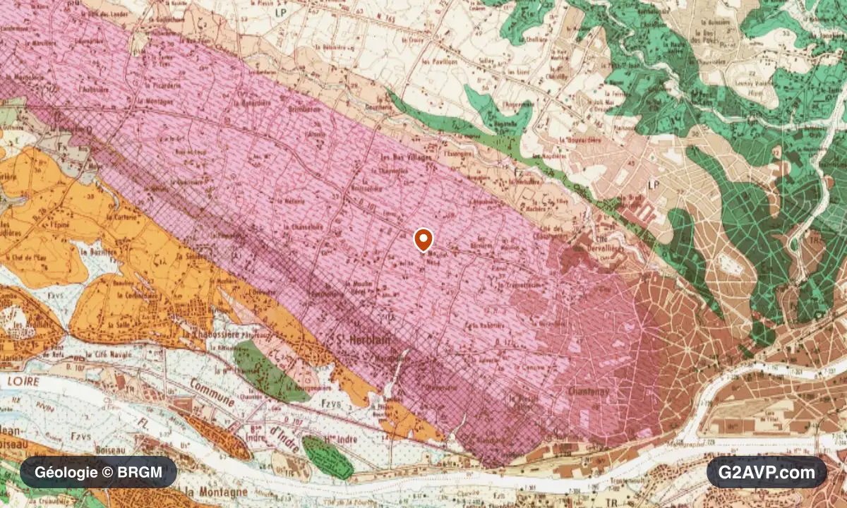 Carte géologique BRGM au 1/50 000 du secteur de Saint-Herblain : sables en formations dominantes, repère au centre de la commune