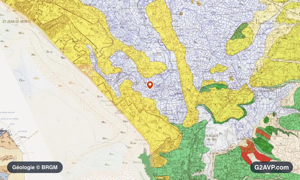 Carte géologique BRGM au 1/50 000 du secteur de Saint-Hilaire-de-Riez : sables en formations dominantes, repère au centre de la commune