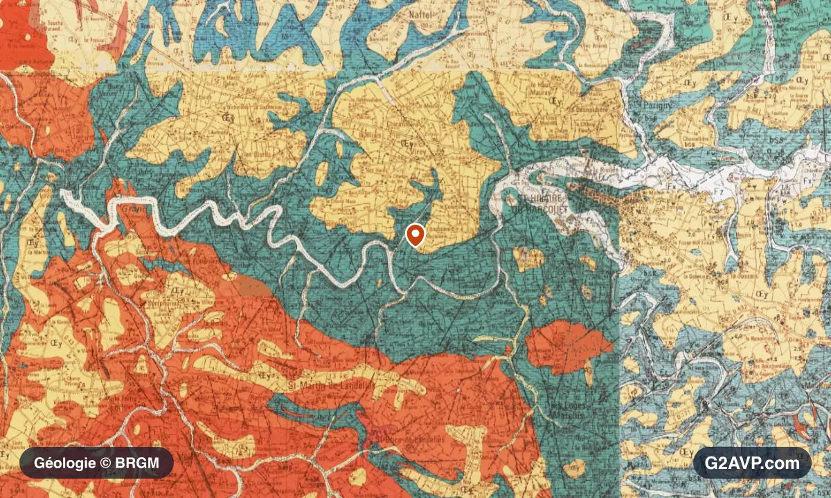 Carte géologique BRGM au 1/50 000 du secteur de Saint-Hilaire-du-Harcouët : granites en formations dominantes, repère au centre de la commune