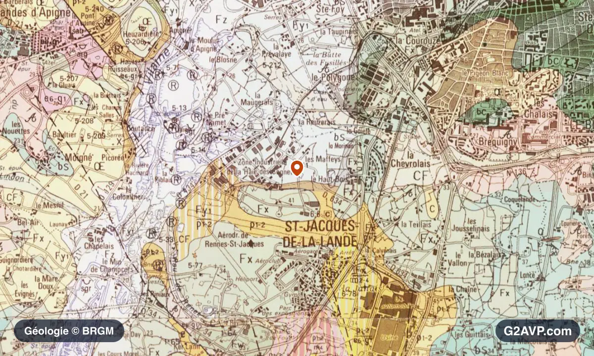 Carte géologique BRGM au 1/50 000 du secteur de Saint-Jacques-de-la-Lande : schistes et grès en formations dominantes, repère au centre de la commune