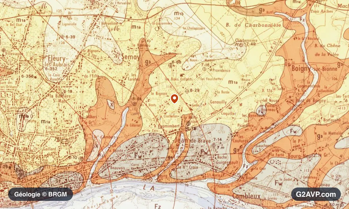 Carte géologique BRGM au 1/50 000 du secteur de Saint-Jean-de-Braye : calcaires, marnes et gypse en formations dominantes, repère au centre de la commune