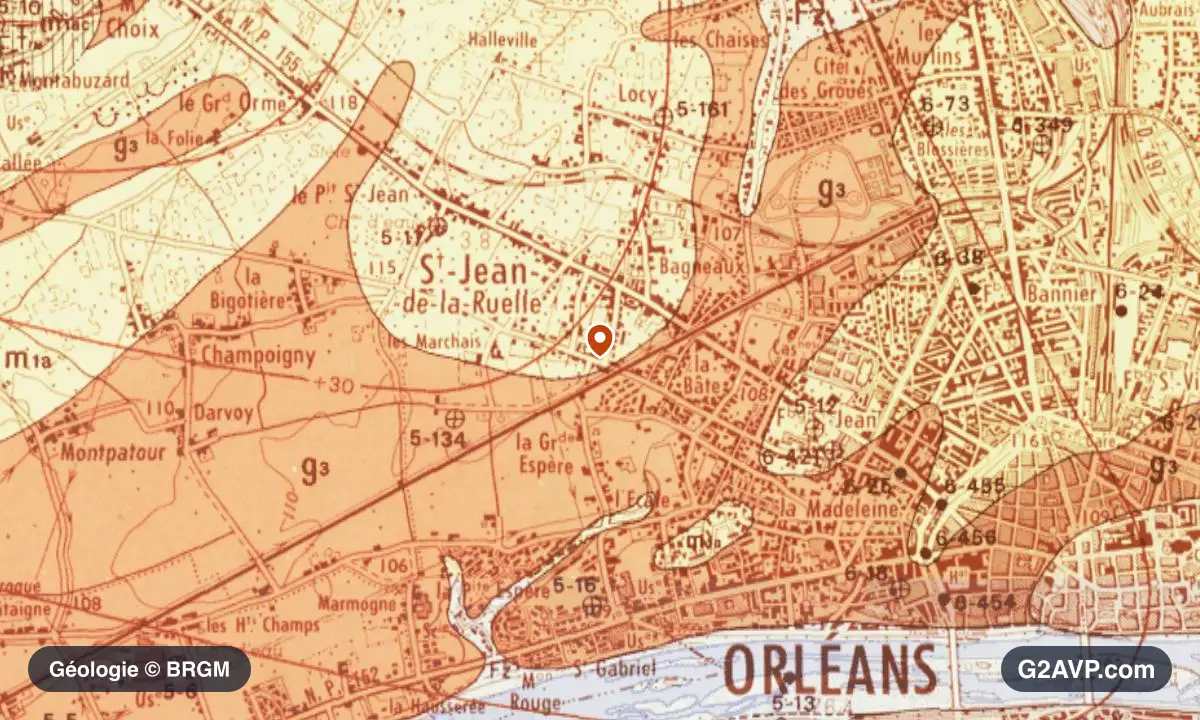 Carte géologique BRGM au 1/50 000 du secteur de Saint-Jean-de-la-Ruelle : calcaires, marnes et gypse en formations dominantes, repère au centre de la commune