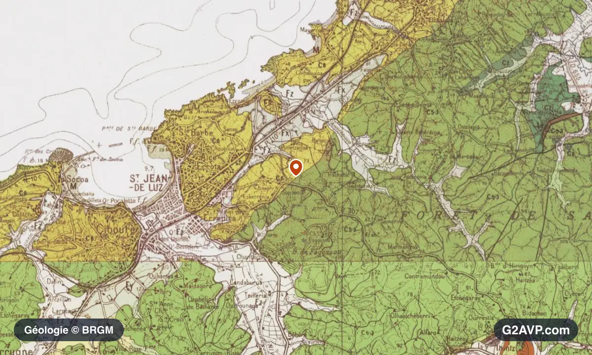 Carte géologique BRGM au 1/50 000 du secteur de Saint-Jean-de-Luz : grès en formations dominantes, repère au centre de la commune
