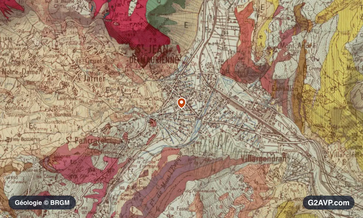 Carte géologique BRGM au 1/50 000 du secteur de Saint-Jean-de-Maurienne : calcaires, marnes et gypse en formations dominantes, repère au centre de la commune