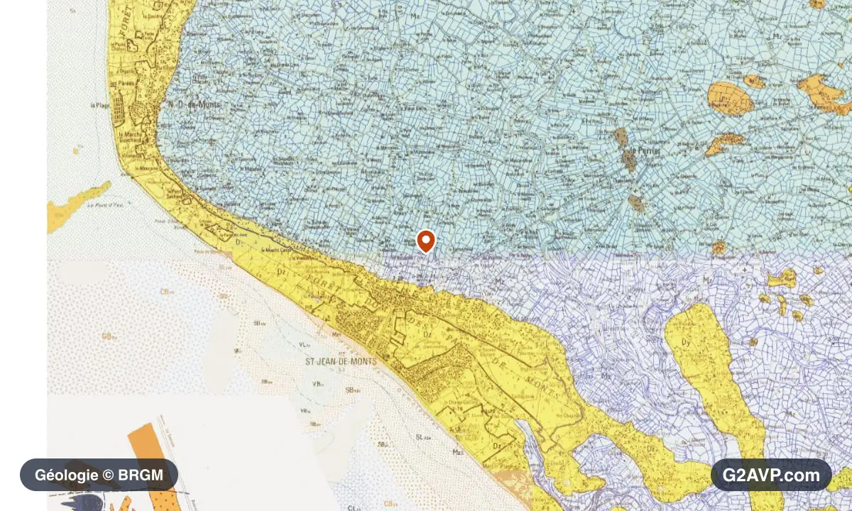 Carte géologique BRGM au 1/50 000 du secteur de Saint-Jean-de-Monts : sables en formations dominantes, repère au centre de la commune
