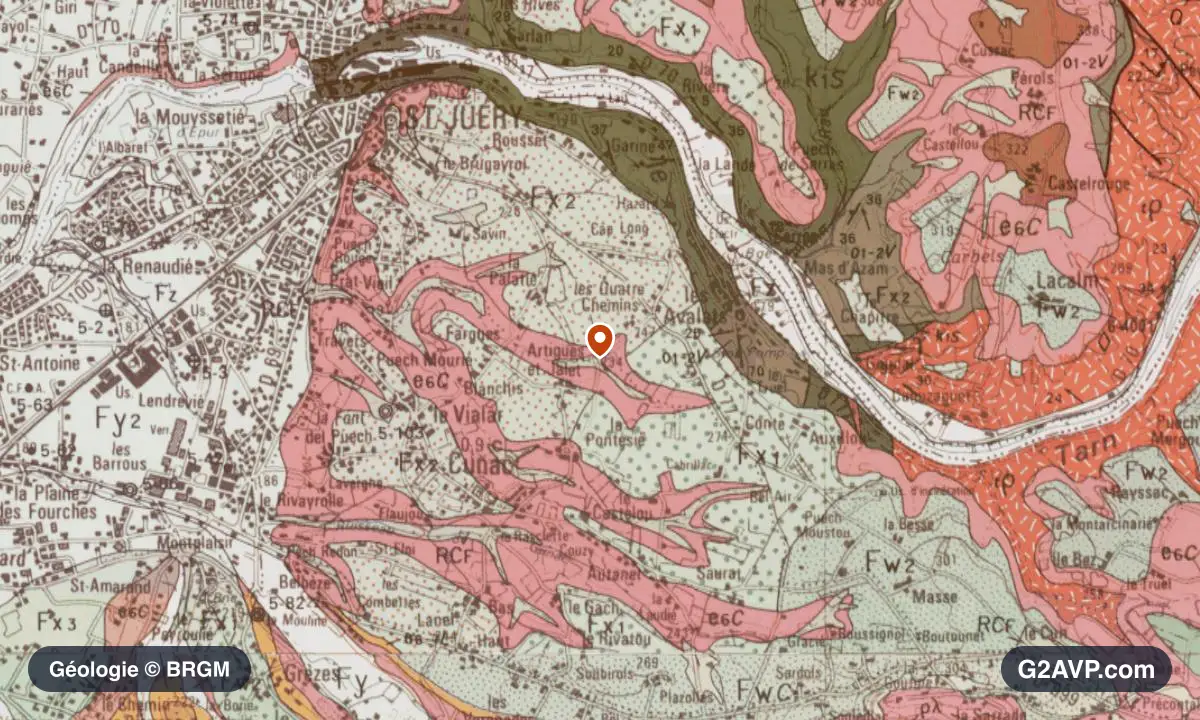 Carte géologique BRGM au 1/50 000 du secteur de Saint-Juéry : argiles en formations dominantes, repère au centre de la commune