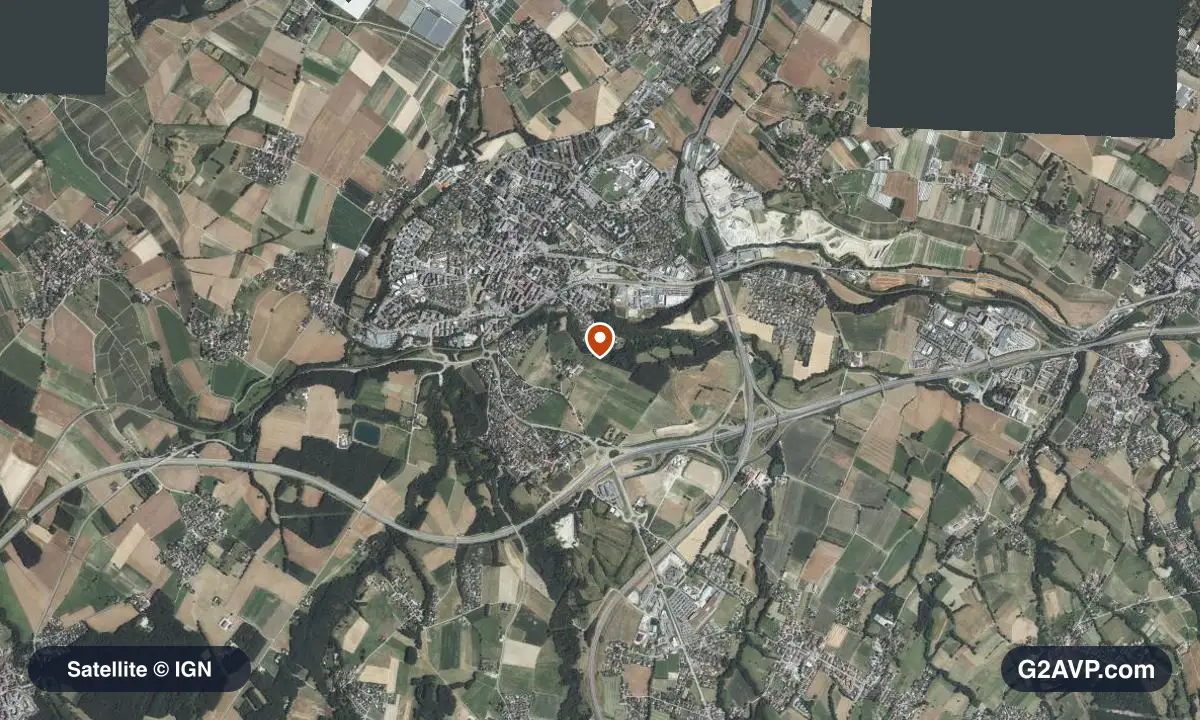 Vue satellite (orthophoto IGN) du secteur de Saint-Julien-en-Genevois, même emprise que la carte géologique