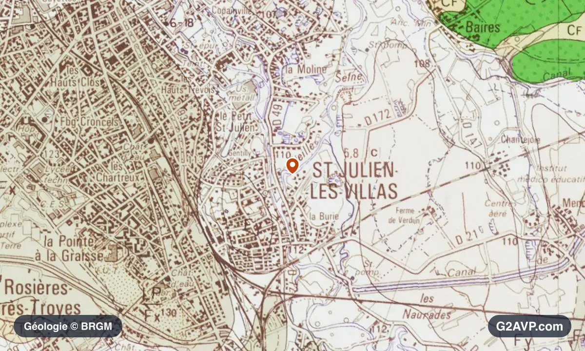 Carte géologique BRGM au 1/50 000 du secteur de Saint-Julien-les-Villas : craie en formations dominantes, repère au centre de la commune