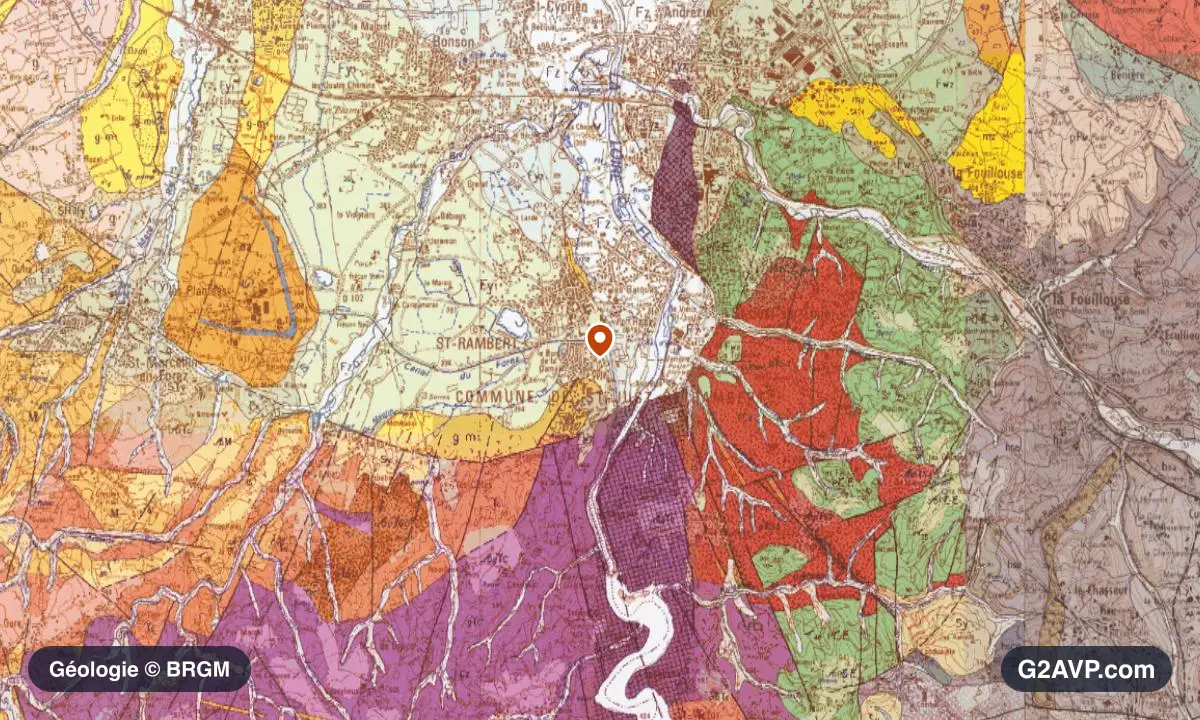 Carte géologique BRGM au 1/50 000 du secteur de Saint-Just-Saint-Rambert : sables en formations dominantes, repère au centre de la commune