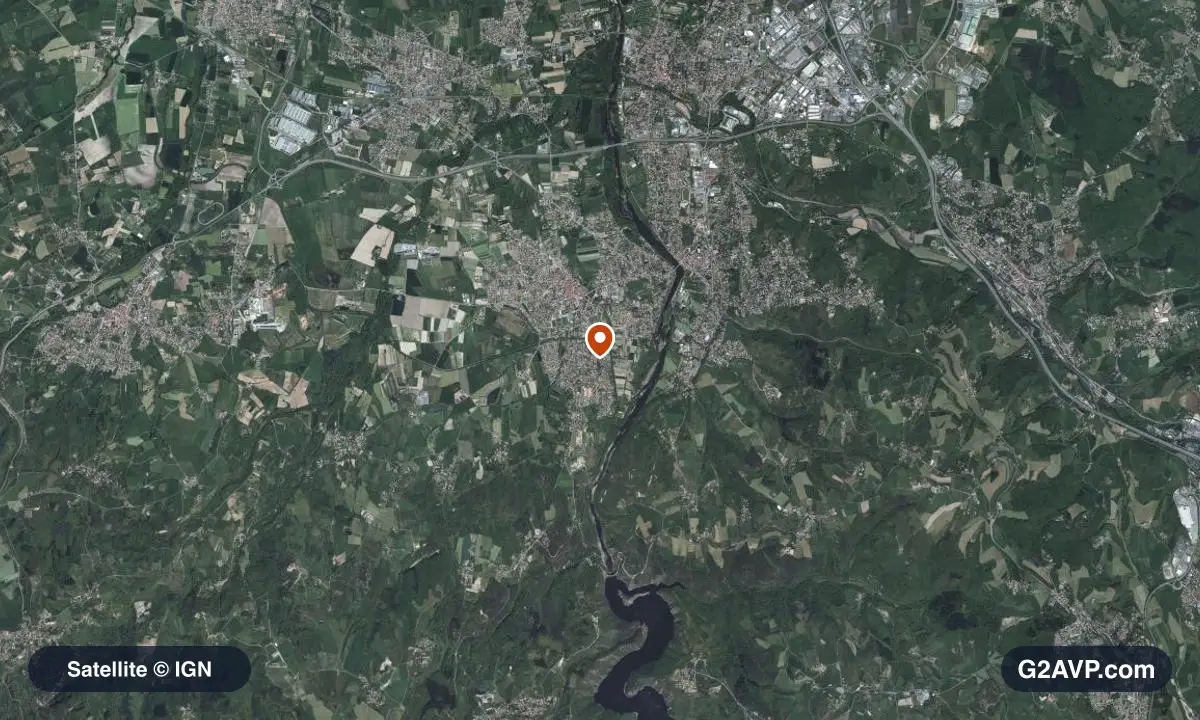Vue satellite (orthophoto IGN) du secteur de Saint-Just-Saint-Rambert, même emprise que la carte géologique