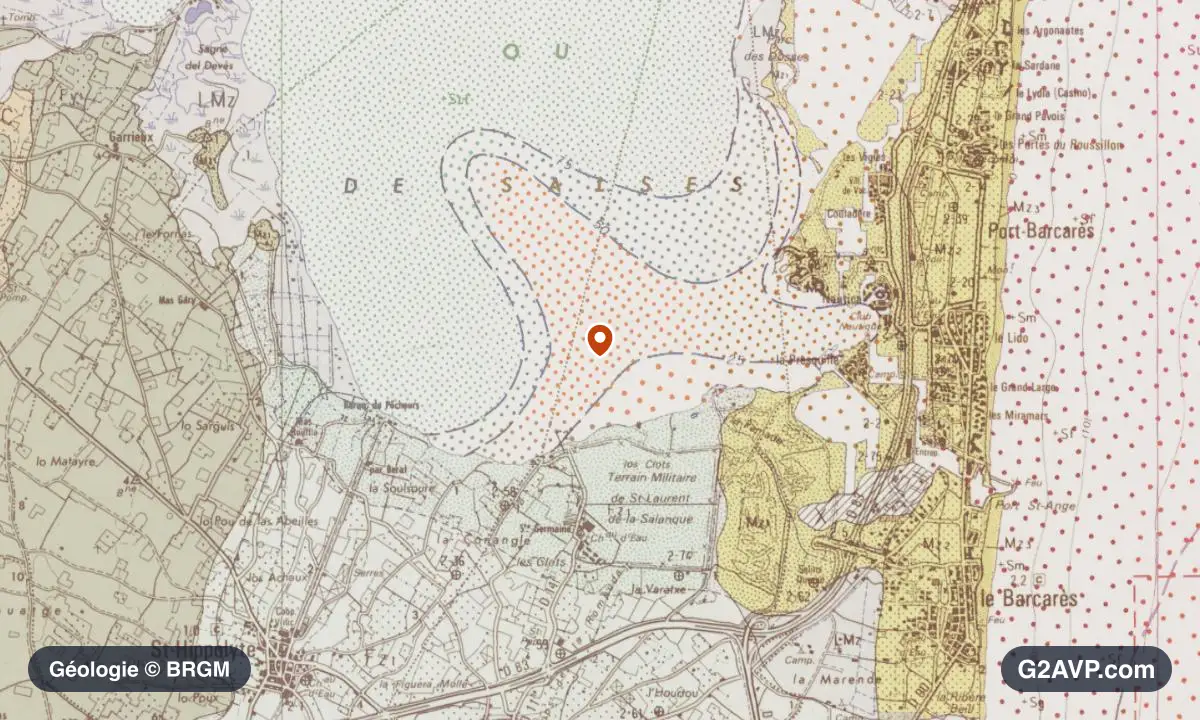 Carte géologique BRGM au 1/50 000 du secteur de Saint-Laurent-de-la-Salanque : sables en formations dominantes, repère au centre de la commune