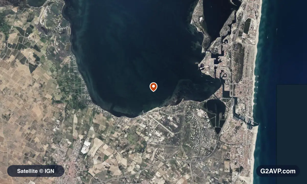 Vue satellite (orthophoto IGN) du secteur de Saint-Laurent-de-la-Salanque, même emprise que la carte géologique