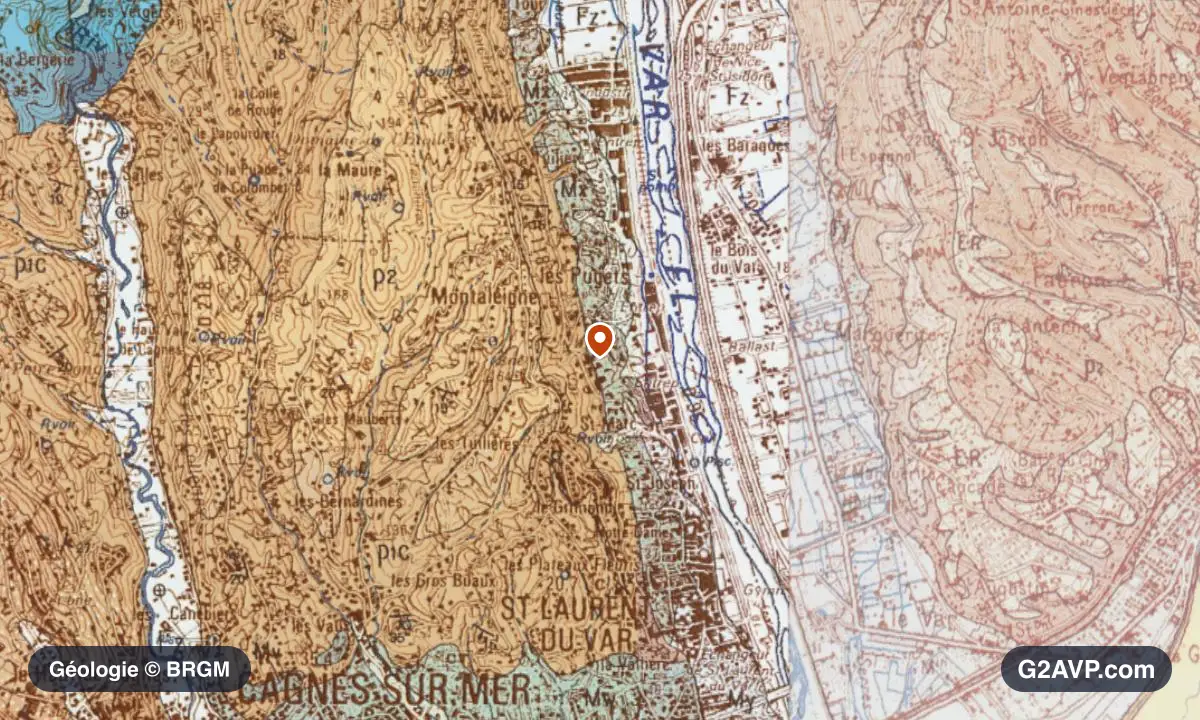 Carte géologique BRGM au 1/50 000 du secteur de Saint-Laurent-du-Var : sables en formations dominantes, repère au centre de la commune