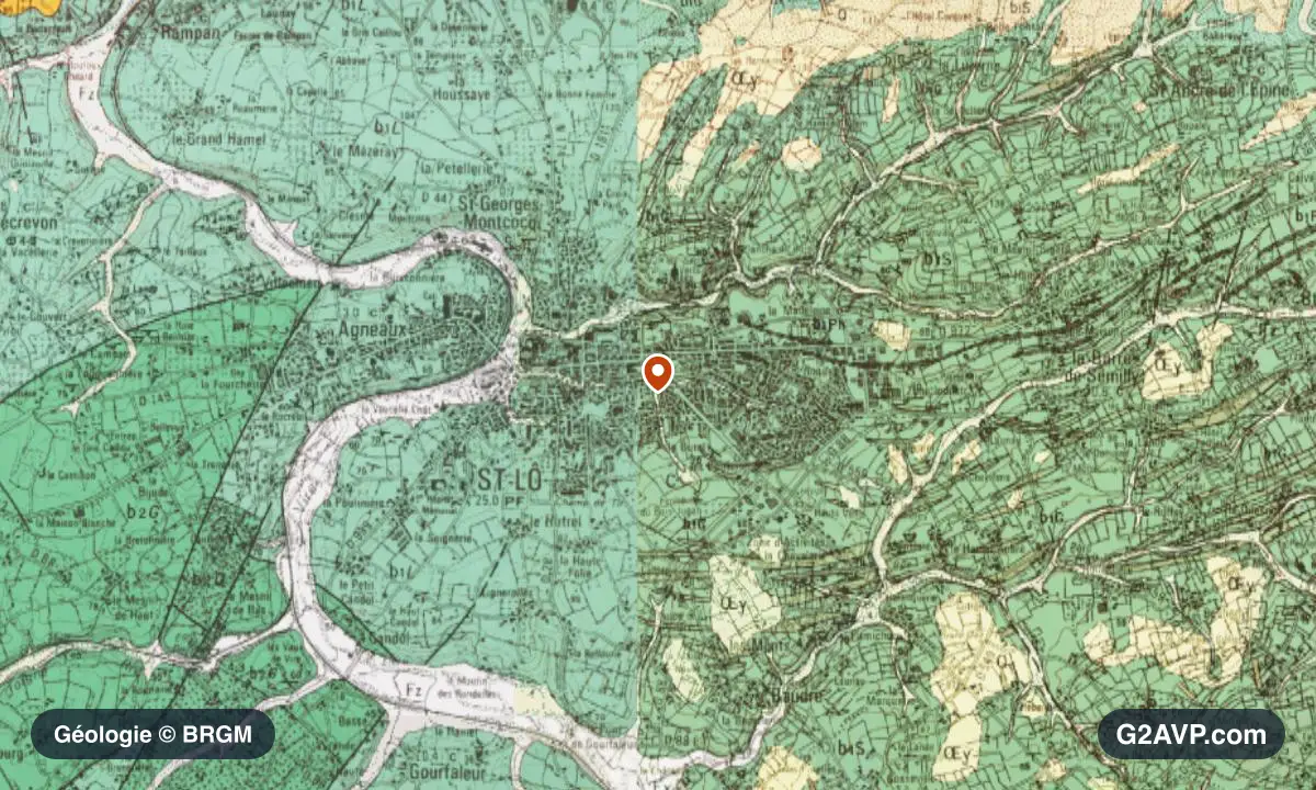 Carte géologique BRGM au 1/50 000 du secteur de Saint-Lô : schistes et grès en formations dominantes, repère au centre de la commune