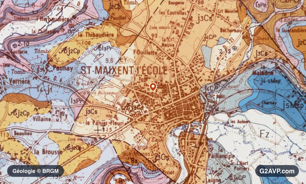 Carte géologique BRGM au 1/50 000 du secteur de Saint-Maixent-l'École : calcaires, marnes et gypse en formations dominantes, repère au centre de la commune