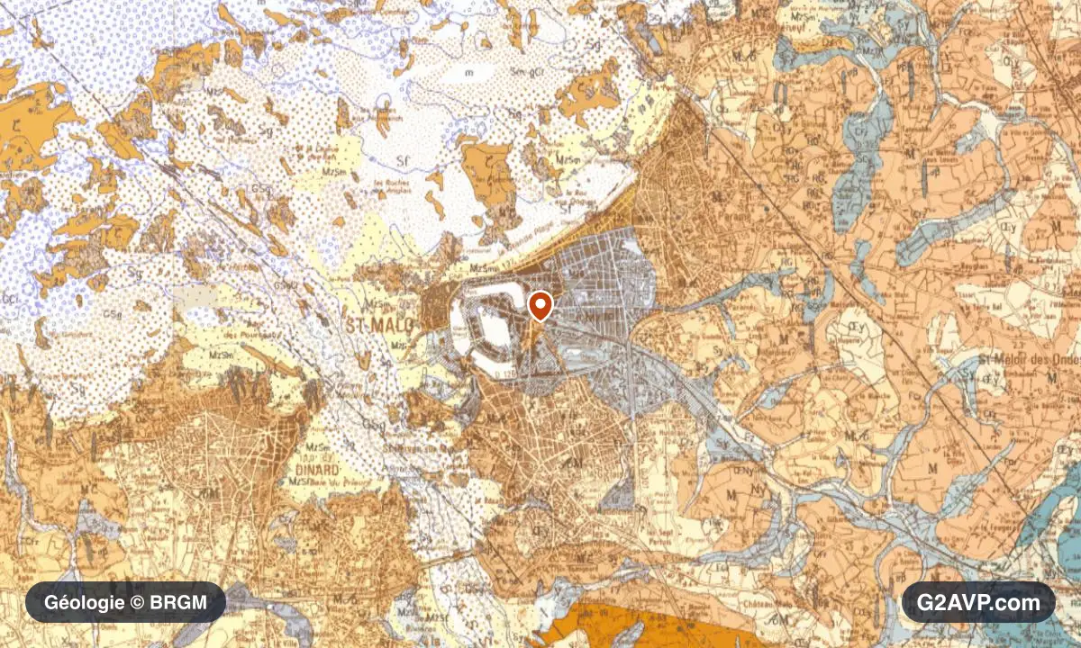 Carte géologique BRGM au 1/50 000 du secteur de Saint-Malo : gneiss en formations dominantes, repère au centre de la commune