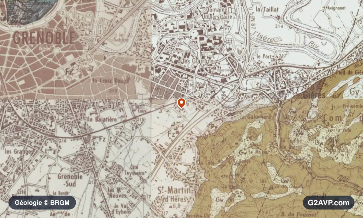 Carte géologique BRGM au 1/50 000 du secteur de Saint-Martin-d'Hères : sables en formations dominantes, repère au centre de la commune