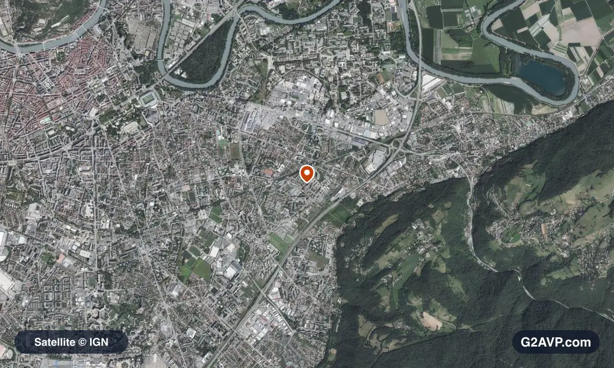 Vue satellite (orthophoto IGN) du secteur de Saint-Martin-d'Hères, même emprise que la carte géologique