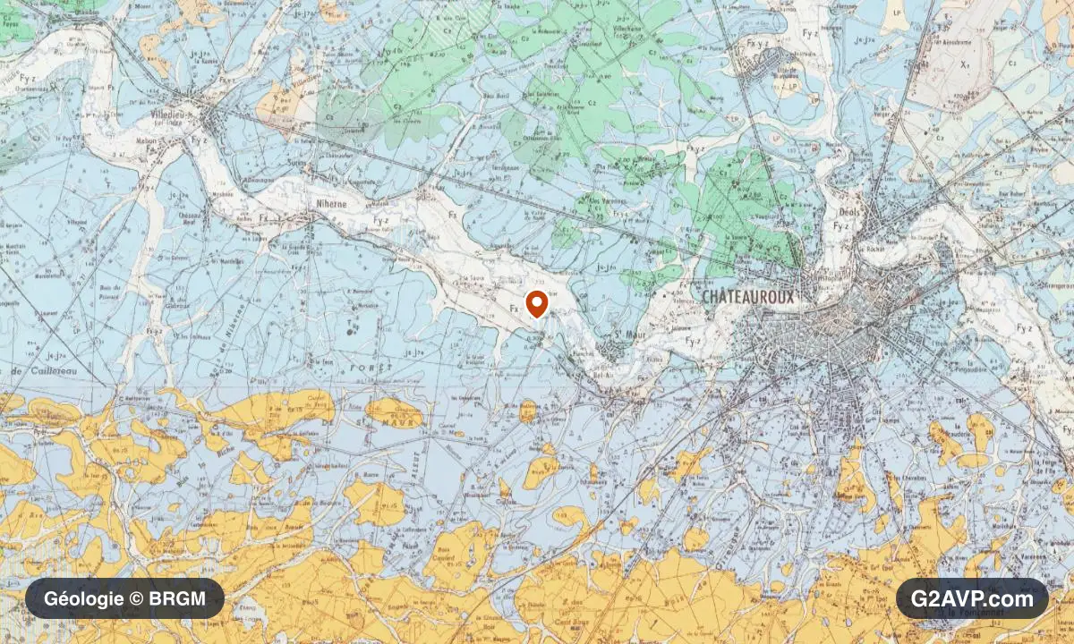 Carte géologique BRGM au 1/50 000 du secteur de Saint-Maur : calcaires, marnes et gypse en formations dominantes, repère au centre de la commune