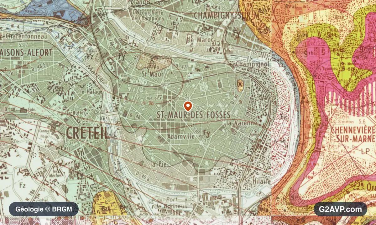 Carte géologique BRGM au 1/50 000 du secteur de Saint-Maur-des-Fossés : argiles en formations dominantes, repère au centre de la commune