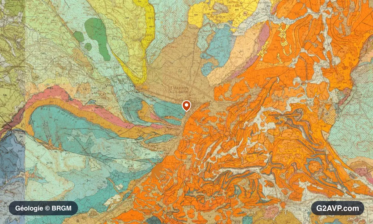 Carte géologique BRGM au 1/50 000 du secteur de Saint-Maximin-la-Sainte-Baume : grès en formations dominantes, repère au centre de la commune