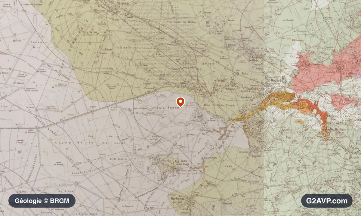 Carte géologique BRGM au 1/50 000 du secteur de Saint-Médard-en-Jalles : sables en formations dominantes, repère au centre de la commune