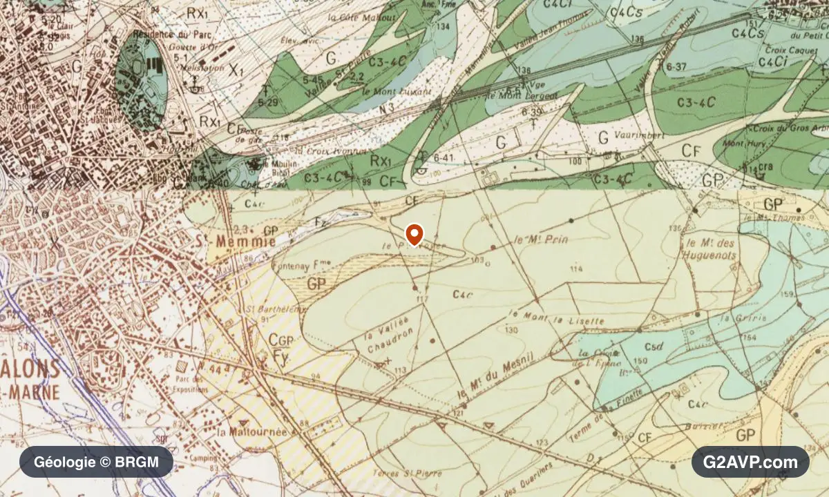 Carte géologique BRGM au 1/50 000 du secteur de Saint-Memmie : craie en formations dominantes, repère au centre de la commune