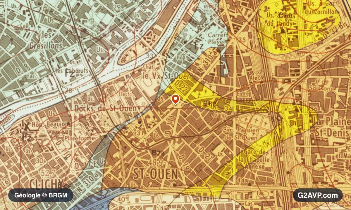 Carte géologique BRGM au 1/50 000 du secteur de Saint-Ouen-sur-Seine : calcaires, marnes et gypse en formations dominantes, repère au centre de la commune