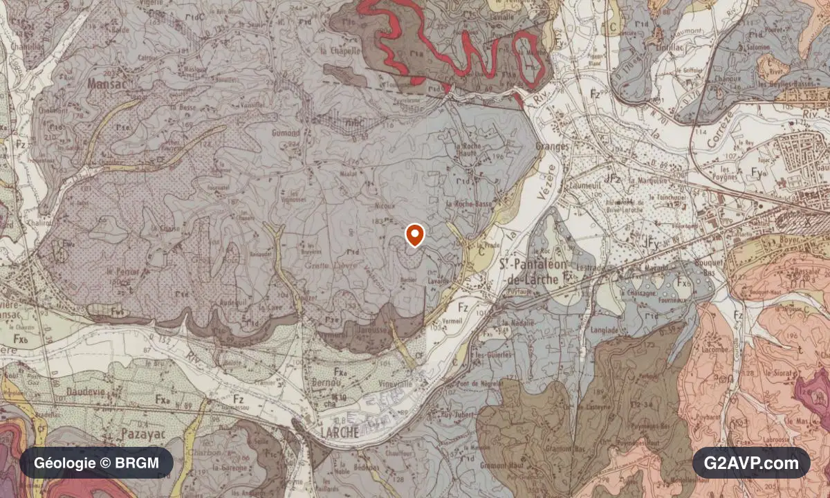 Carte géologique BRGM au 1/50 000 du secteur de Saint-Pantaléon-de-Larche : grès en formations dominantes, repère au centre de la commune