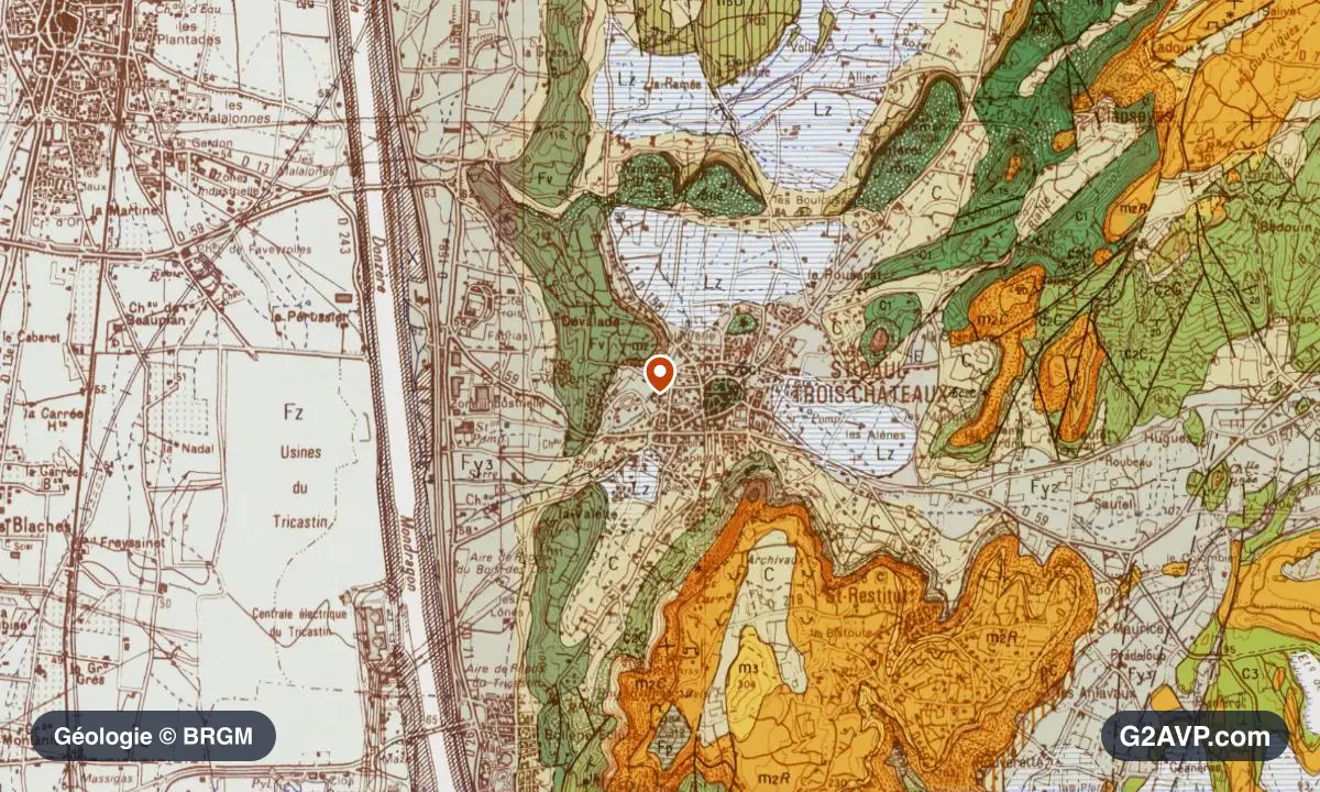 Carte géologique BRGM au 1/50 000 du secteur de Saint-Paul-Trois-Châteaux : craie en formations dominantes, repère au centre de la commune