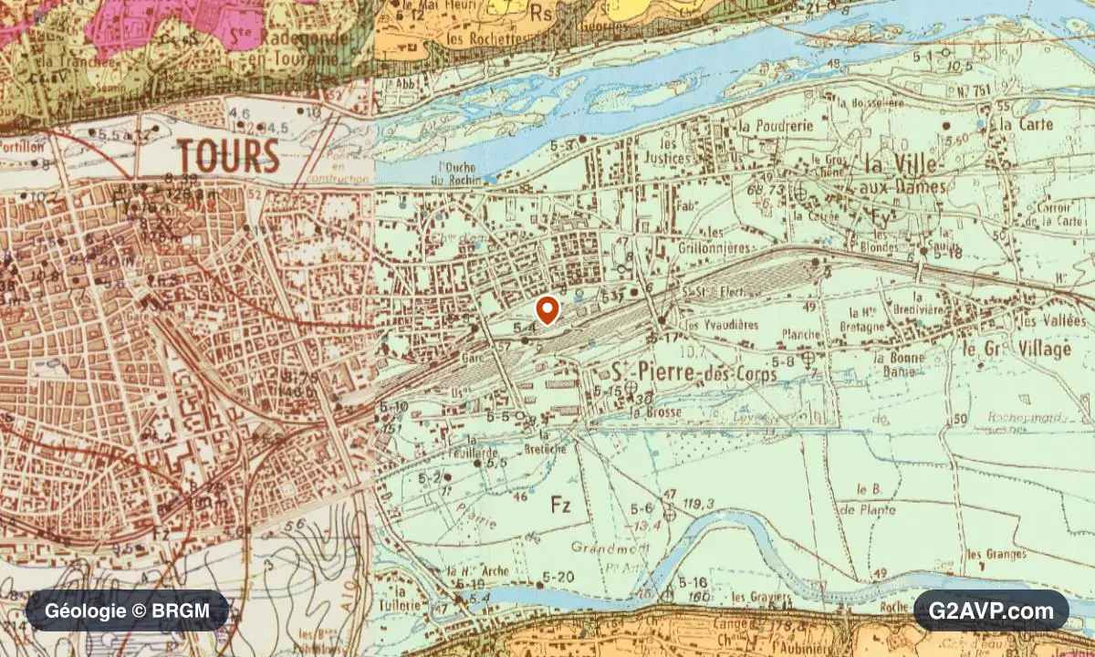 Carte géologique BRGM au 1/50 000 du secteur de Saint-Pierre-des-Corps : craie en formations dominantes, repère au centre de la commune