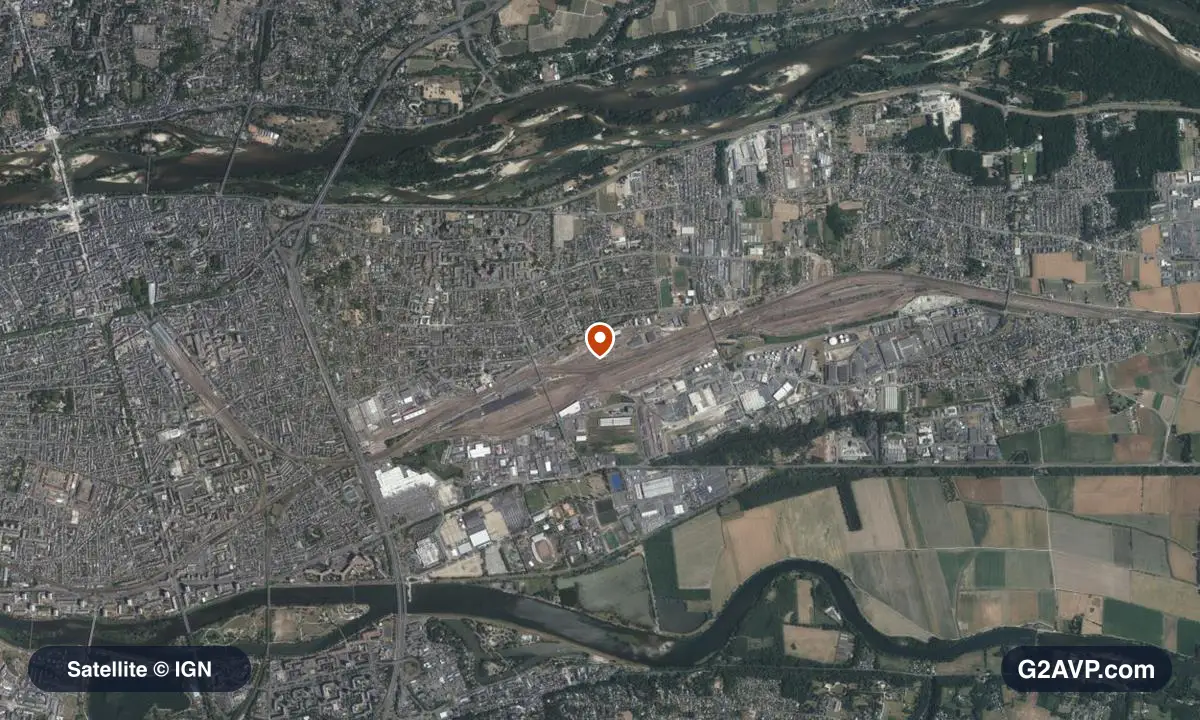 Vue satellite (orthophoto IGN) du secteur de Saint-Pierre-des-Corps, même emprise que la carte géologique