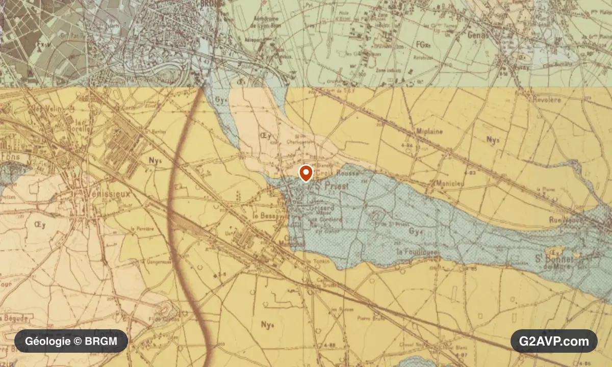 Carte géologique BRGM au 1/50 000 du secteur de Saint-Priest : argiles en formations dominantes, repère au centre de la commune