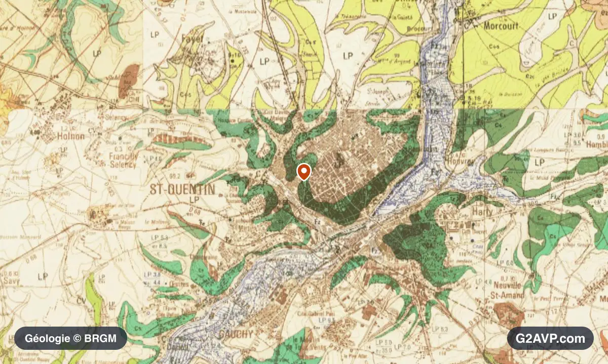 Carte géologique BRGM au 1/50 000 du secteur de Saint-Quentin : craie en formations dominantes, repère au centre de la commune