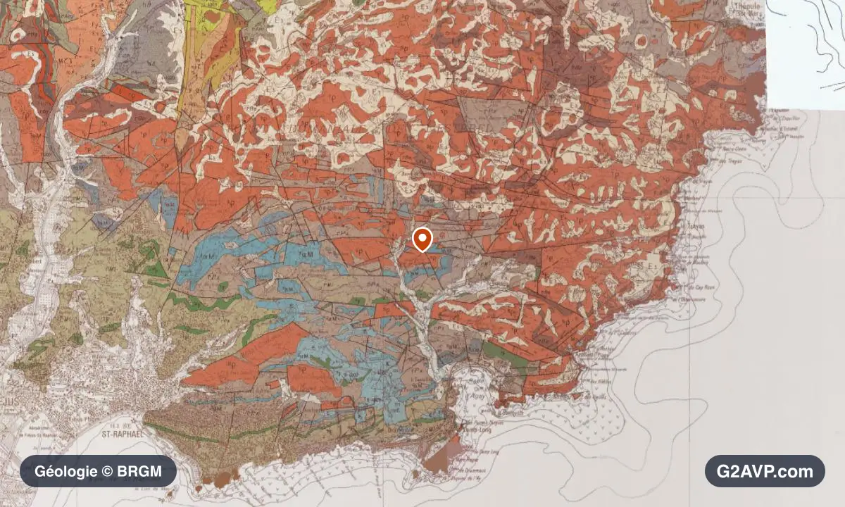 Carte géologique BRGM au 1/50 000 du secteur de Saint-Raphaël : basaltes et rhyolites en formations dominantes, repère au centre de la commune