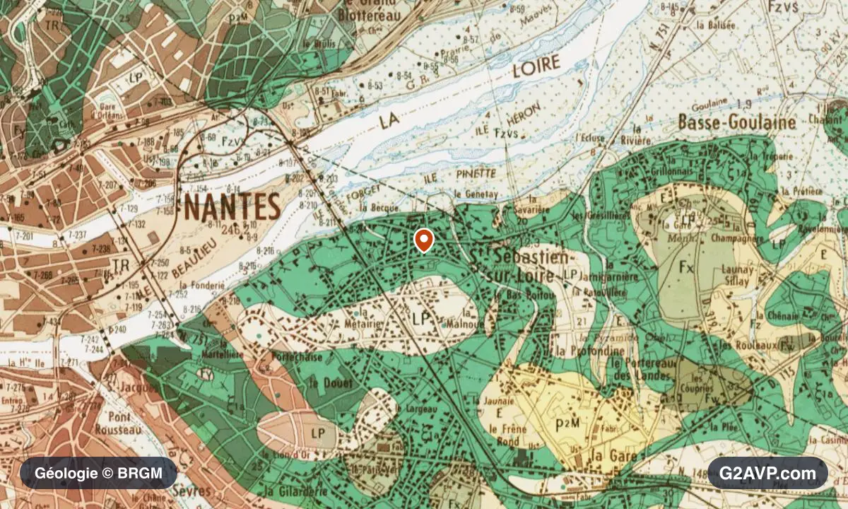 Carte géologique BRGM au 1/50 000 du secteur de Saint-Sébastien-sur-Loire : micaschistes en formations dominantes, repère au centre de la commune