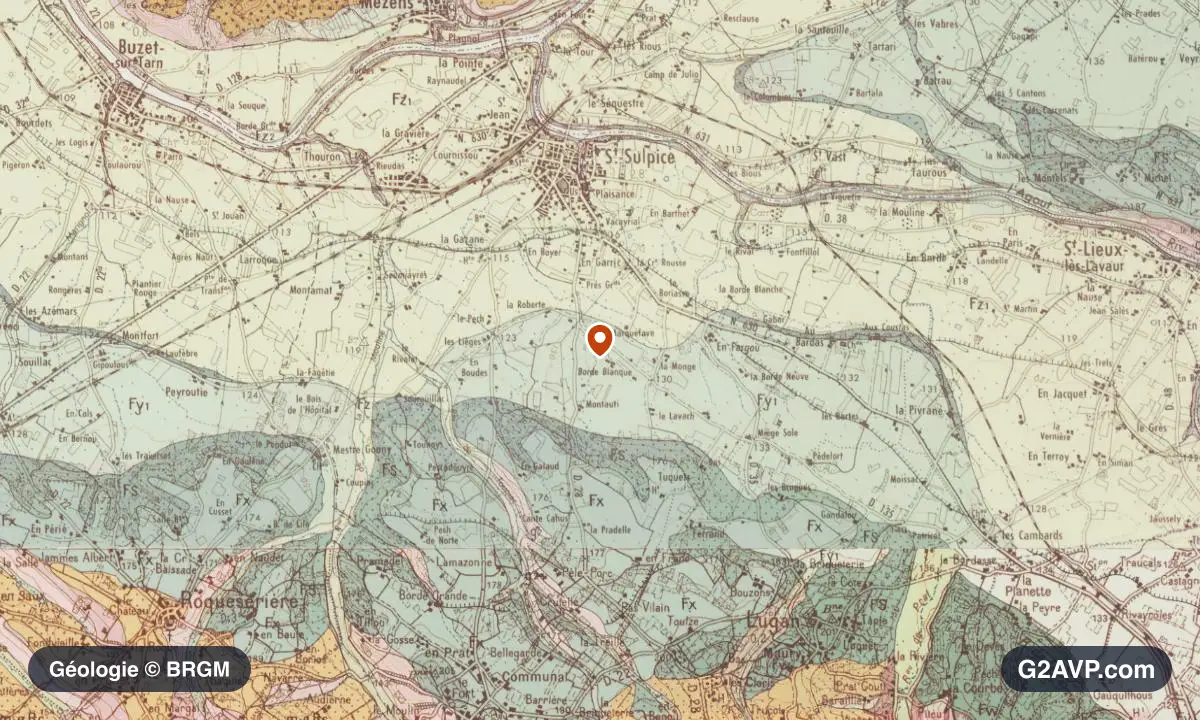 Carte géologique BRGM au 1/50 000 du secteur de Saint-Sulpice-la-Pointe : argiles en formations dominantes, repère au centre de la commune