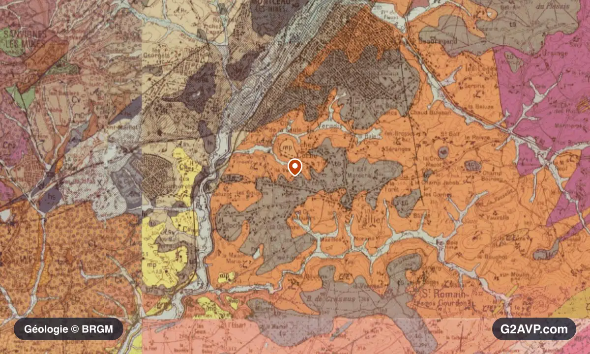 Carte géologique BRGM au 1/50 000 du secteur de Saint-Vallier : gneiss en formations dominantes, repère au centre de la commune