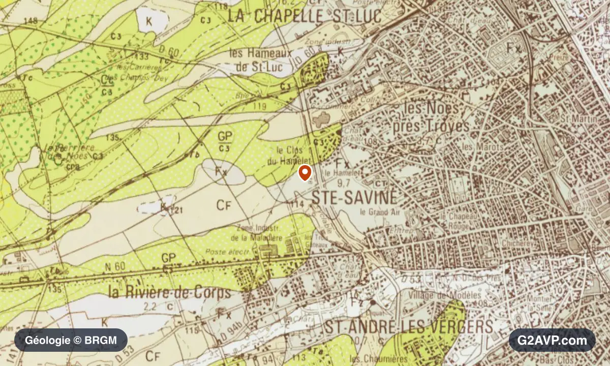 Carte géologique BRGM au 1/50 000 du secteur de Sainte-Savine : craie en formations dominantes, repère au centre de la commune
