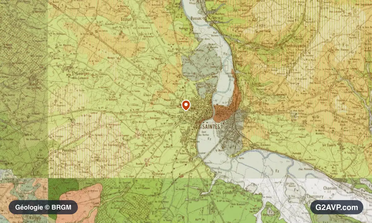 Carte géologique BRGM au 1/50 000 du secteur de Saintes : calcaires, marnes et gypse en formations dominantes, repère au centre de la commune