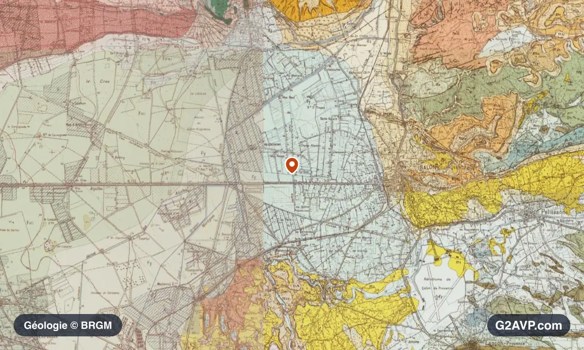 Carte géologique BRGM au 1/50 000 du secteur de Salon-de-Provence : argiles en formations dominantes, repère au centre de la commune